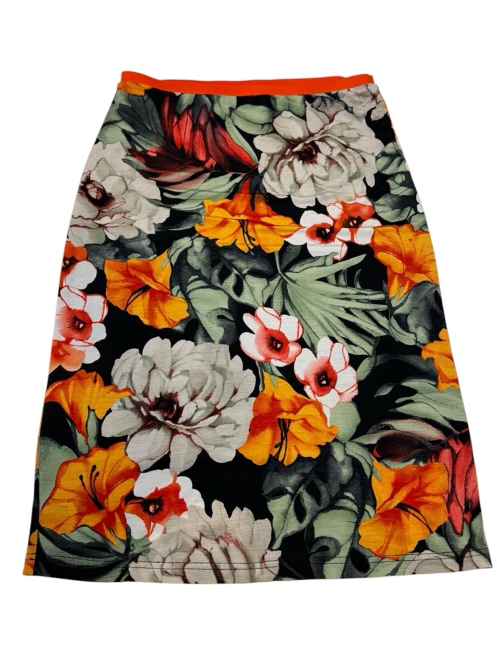 Unbranded Floral Print Skirt Black and Orange Green Peony Trumpet Flowers